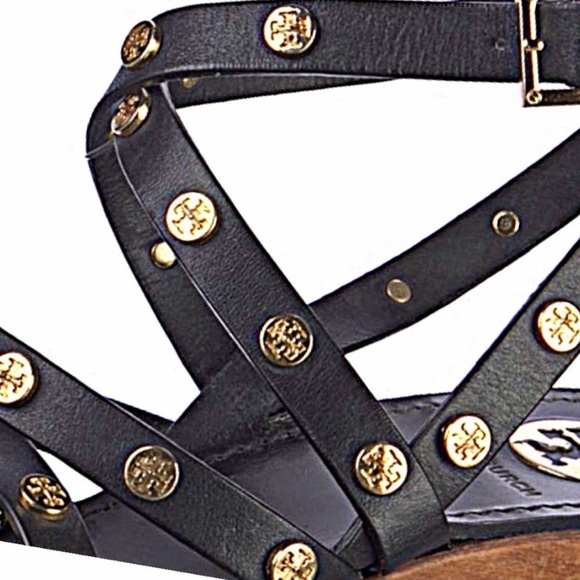 Tory Burch Women's Black Leather Studded Wedge Sandals - Picture 3 of 12